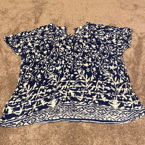 Lucky Brand Tops - Lucky Brand Navy Blue White Boho Print Short Sleeve Blouse Top SIZE S